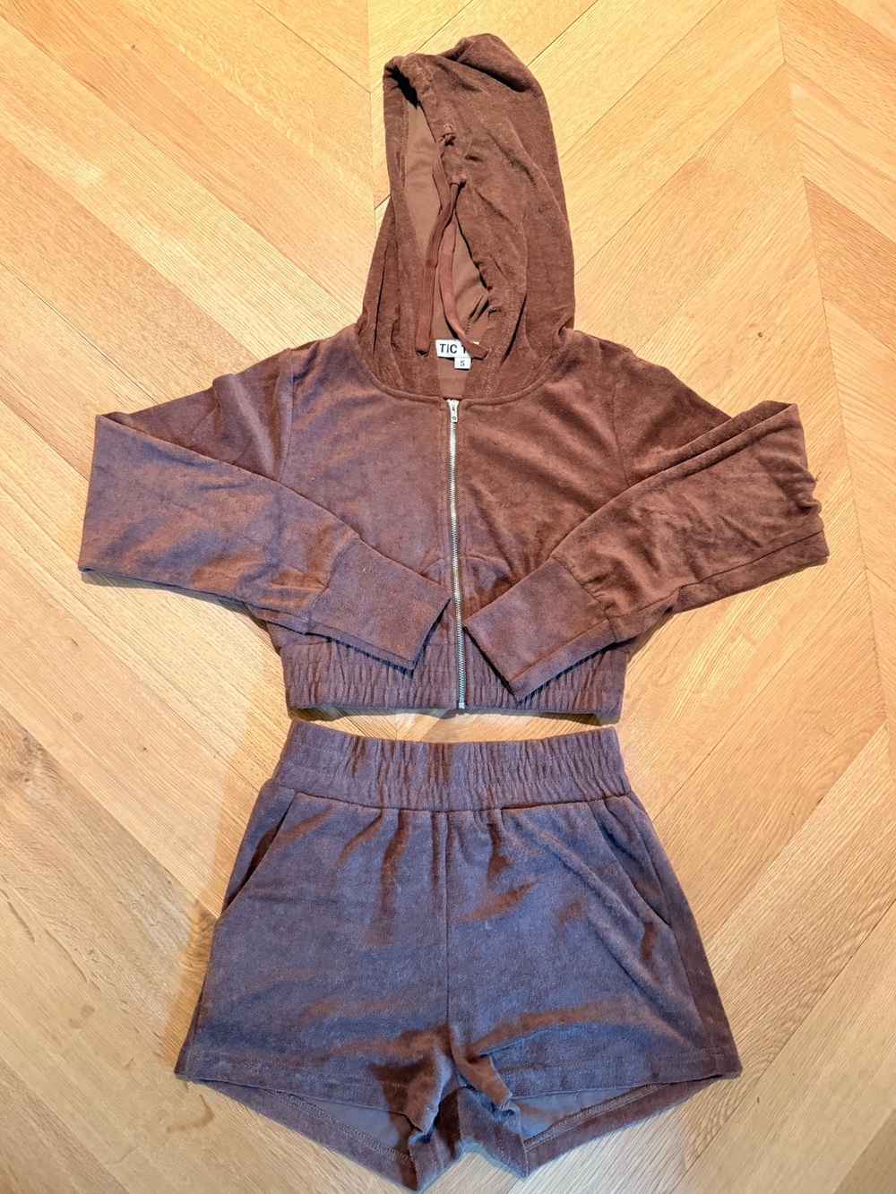 Brown Velour -Terrycloth Cropped Hoodie & Shorts Set